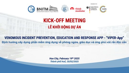 Das Bild zeigt eine Folie von einem Kick-Off-Meeting des Projekts „VIPER-App“. Abgebildet sind die Logos der Hue Universität für Medizin und Pharmazie, des Bernhard-Nocht-Instituts für Tropenmedizin, der Universität Bamberg und von Think Modular. Außerdem sind die Logos der Förderer, das Bundesministerium für Bildung und Forschung und die German Alliance for Global Health Research (GLOHRA) abgebildet.