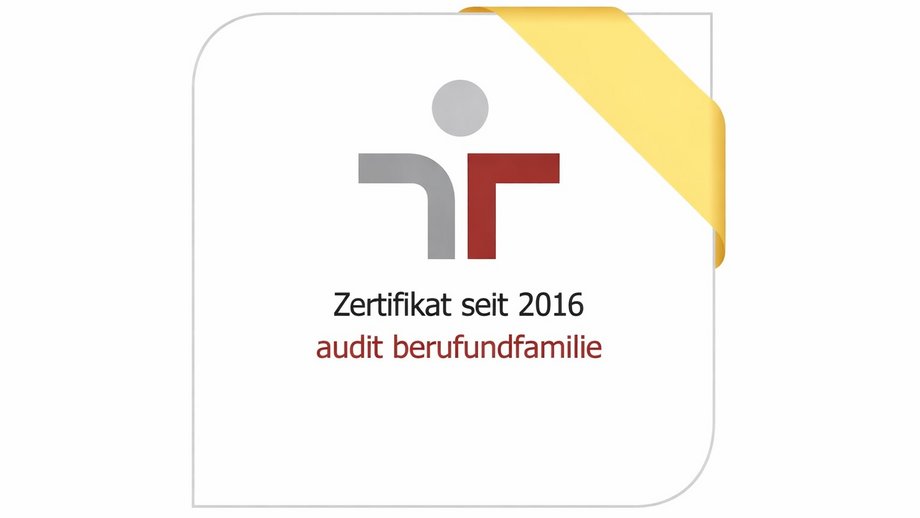 Logo berufundfamilie Weiß-grau-weinrotes Logo berufundfamilie "Zertifikat seit 2016"