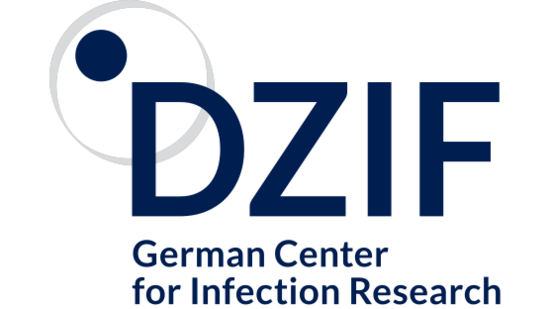 DZIF logo: The blue lettering DZIF is decorated with a blue dot in the upper left corner, a gray ring passing through the D. Below, in smaller lettering, also in blue, is the German Center for Infection Research.