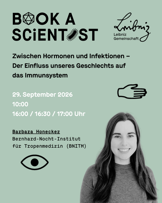 Dr. Barbara Honecker Grünliches Sharepic mit allen infos und einem Foto der Nachwuchsforscherin Barbara Honecker (lange dunkle glatte Haare, Rollkragenpullover). Sie lächelt freundlich in die Kamera.