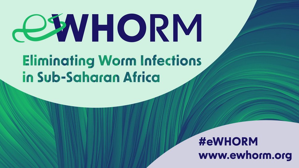 Light and dark green social media tile with the inscription: eWHORM. Elimination Worm Infections in Sub-Saharan Africa.