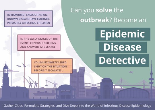 Informationskarte zum Lernspiel "Epidemic Disease Detectives". Abgebildet ist die Silhouette der Stadt Hamburg, in der ein mysteriöser Infektionsausbruch aufgetreten ist.