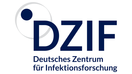 DZIF logo: The blue lettering DZIF is decorated with a blue dot in the upper left corner, a gray ring passing through the D. Below, in smaller lettering, also in blue, is the German Center for Infection Research.