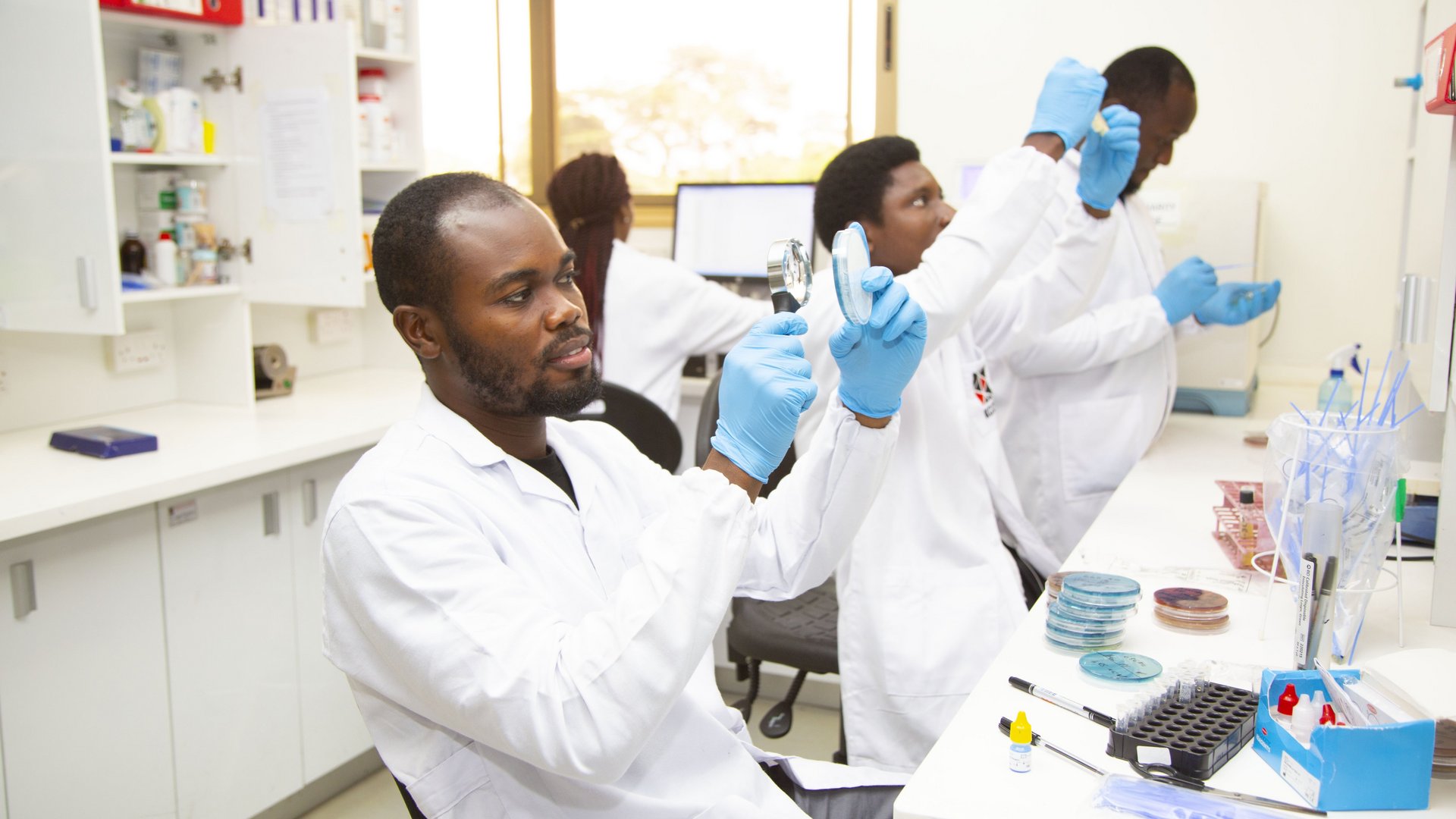The picture shows three African researchers and one African woman researcher in white coats and light blue gloves working in the laboratory.
