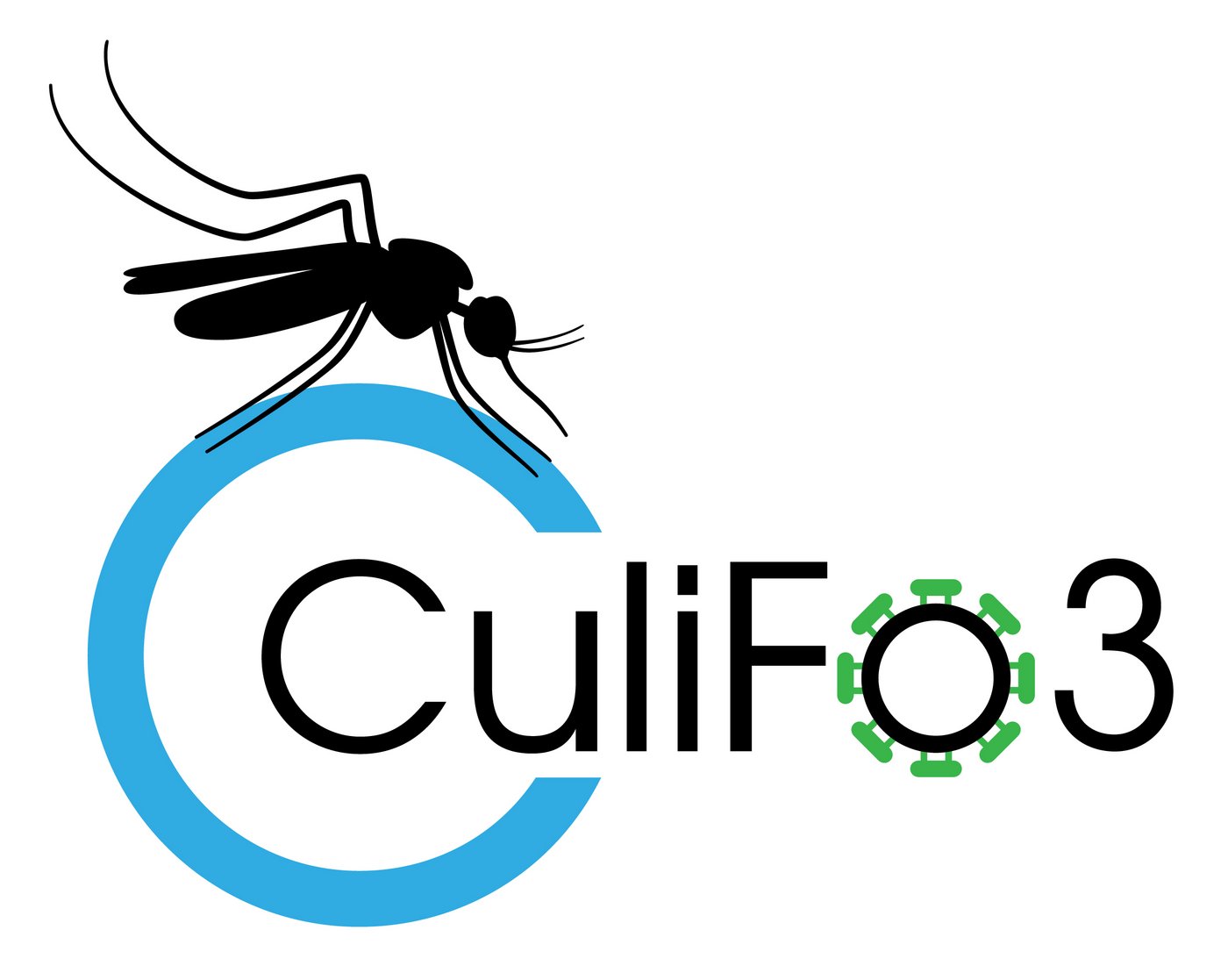 Logo CuliFo3: Auf einem großen hellblauen Kreis sitzt eine Mücke. In der Mitte des Kreises beginnt der Schwarze Schriftzug CuliFo3. Um das "o" sind grüne Viren Spikes zu sehen.