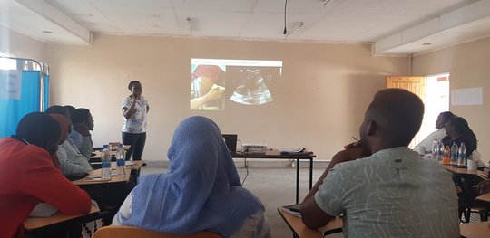 The picture shows a lecturer holding a presentation on ultrasound.