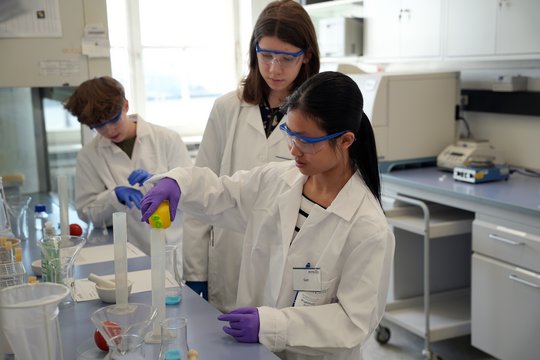 Auf dem Foto sind drei Schüler:innen in weißen Kitteln im Labor zu sehen, wie sie an einer Werkbank arbeiten.