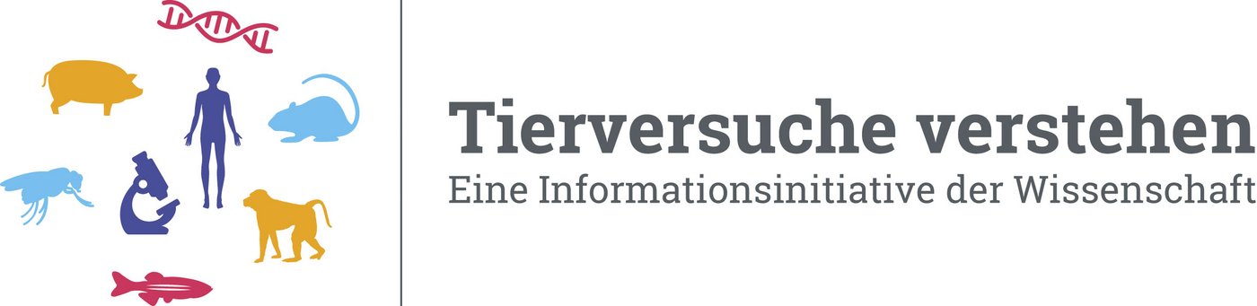 Logo Tierversuche Verstehen: On the left, the schematic drawing of a human being in the centre, around the human being are DNA, a mouse, a monkey, a fish, a microscope, a fly and a pig. To the right is the lettering Understanding Animal Experiments, below which is a science information initiative.