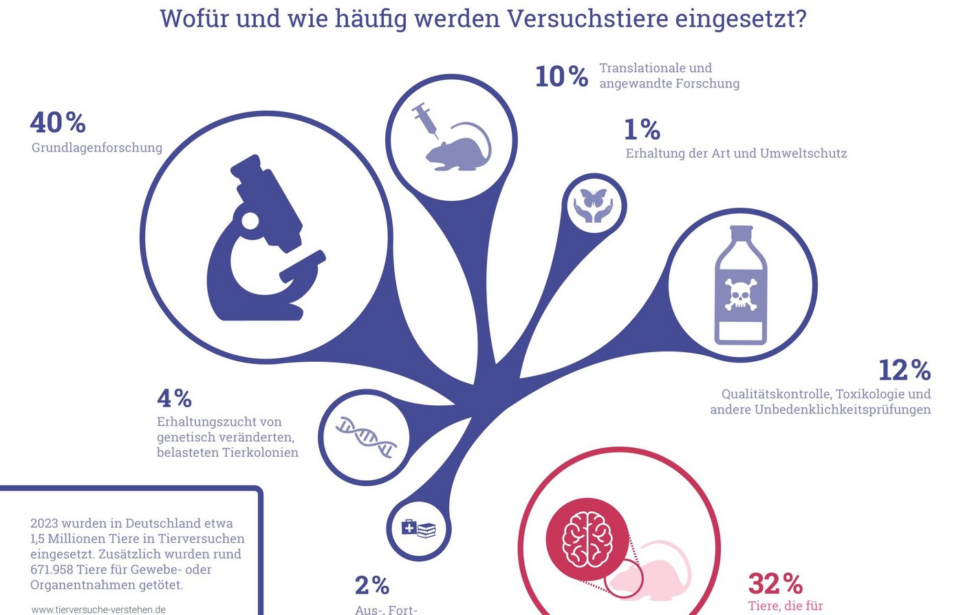 Notwendigkeit Tierversuche Zu sehen ist eine Graphik, auf der mittels eines lilafarbendes Baums die Notwendigkeit von Tierversuchen verdeutlich wird. Insgesamt gibt es 5 Zweige: begonnen wird unten links mit einem in blau gehaltenem schematischen Bild eines Virus, mit dem Schriftzug Erforschung von Krankheiten und Verbesserung von Behandlung. Darüber die Überprüfung von Wirkstoffen auf Unbedenklichkeit, mit dem Bild von zwei Tabletten und einem Reagenzglas. In der Mitte oben der Schutz von Mensch und Tier, mit dem Symbol zweier sich öffnenden Hände, aus der ein Schmetterling losfliegt. Rechts wird mittels eines Skeletts des Rumpfes die Erforschung von Körperfunktionen genannt. Unten rechts bildet der fünfte Punkt die Aus- und Weiterbildung, mittels Büchern und einem Arztkoffer dargestellt.