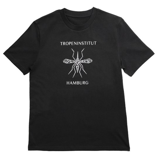 T-Shirt black with a white mosquito – Design: Keno Schwarzes T-Shirt mit geometrischem Mückenmotiv in Weiß, darüber „Tropeninstitut“ und darunter „Hamburg“. Schlichter, moderner Stil.