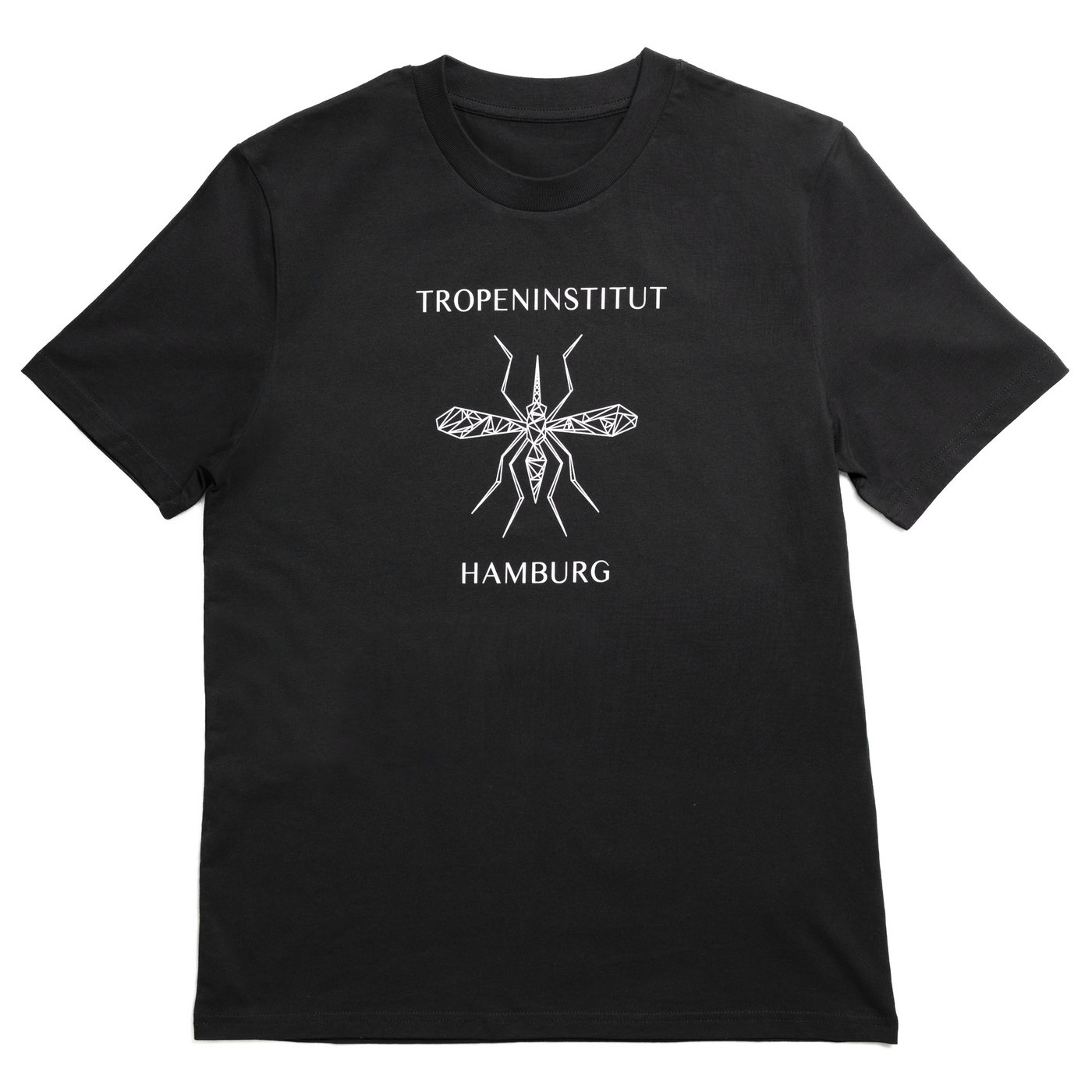 T-Shirt Black T-shirt displaying a geometric mosquito design in white, with "Tropeninstitut" above and "Hamburg" below. Simple, modern style.