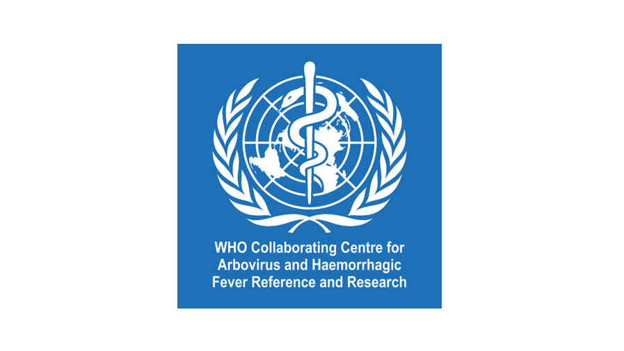 Zu sehen ist das Logo der WHO auf blauem Grund. Eine Äskulapstab vor einer Weltkarte mit einem Kranz in weiß. Darunter in weißerSchrift WHO Collaborating Centre for Arbovirus and Haemorrhagic Fever Reference and Research.