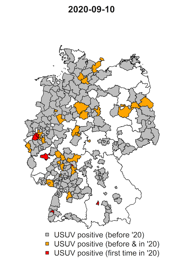 Das Bild zeigt die Verbreitungskarte des Usutu-Virus in Deutschland