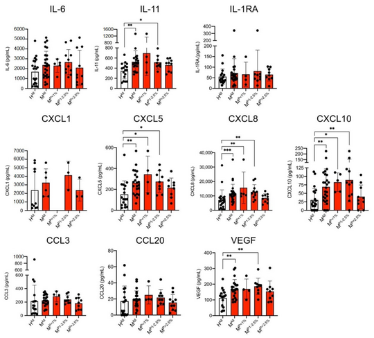 Zytokingehalt in den Kulturüberständen von Endothelzellen Die rot-schwarze Balkengrafik zeigt den Zytokingehalt in den Kulturüberständen von Endothelzellen (HBEC-5i), die mit Plasma von Malariapatienten (M) und gesunden Kontrollpersonen (H) stimuliert wurden. Er wurde mit einem auf Kügelchen basierenden LEGENDplex-Test analysiert (n = 6-26).