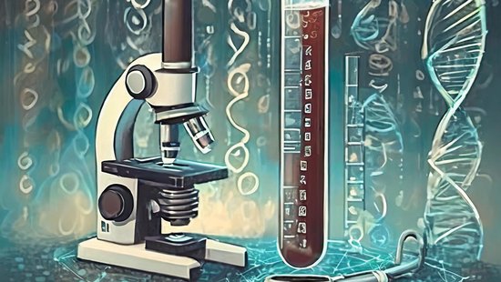 Greenish graphic visualising the topic ‘AI in biology and medicine’. On the left a black and white microscope, on the right a test tube filled with red liquid and in the front right and in the background DNA strands as well as binary codes with ones and zeros.
