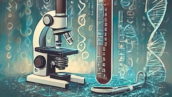 Grünliche Grafik, die das Thema "KI in Biologie und Medizin" visualisiert. Links ein schwarz-weißes Mikroskop, rechts ein rötlich gefülltes Reagenzglas und vorne rechts und im Hintergrund DNA-Stränge sowie Binärcodes mit Einsen und Nullen.