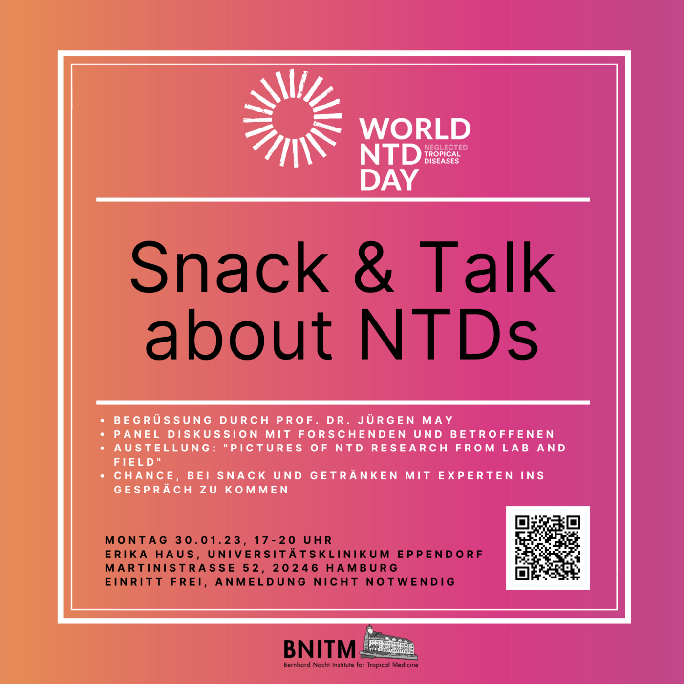 Die orange-pinke Kachel lädt zur Veranstaltung "Snack & Talk about NTDs" am 30. Januar 2023 um 17 Uhr ins Erika Haus des Universitätsklinikums Hamburg-Eppendorf.