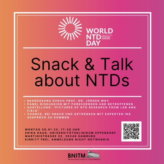 Einladung zu Snack & Talk about NTDs Die orange-pinke Kachel lädt zur Veranstaltung "Snack & Talk about NTDs" am 30. Januar 2023 um 17 Uhr ins Erika Haus des Universitätsklinikums Hamburg-Eppendorf.