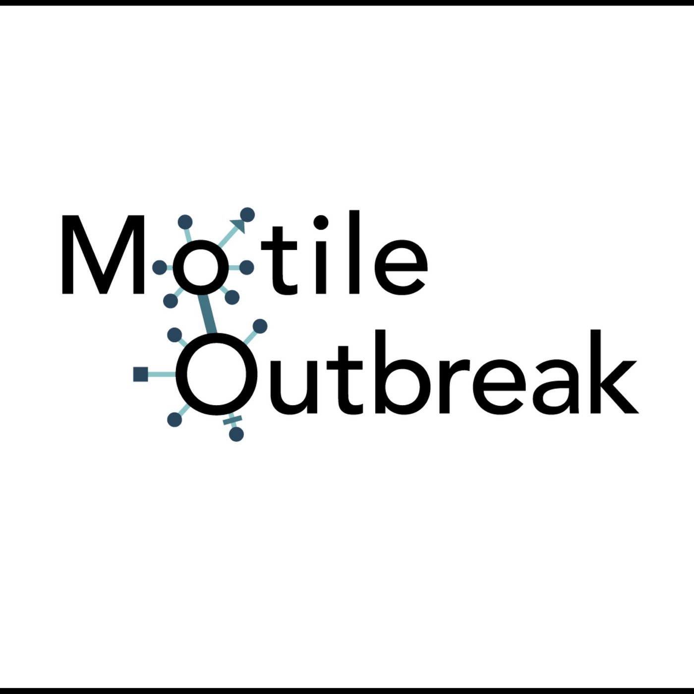 Logo motile outbreak: black letters on white backround. The o in both words loks like a virus.l