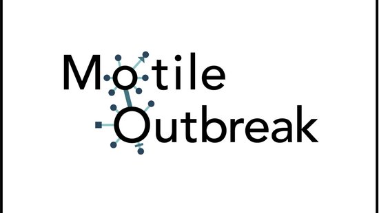Logo motile outbreak: black letters on white backround. The o in both words loks like a virus.l