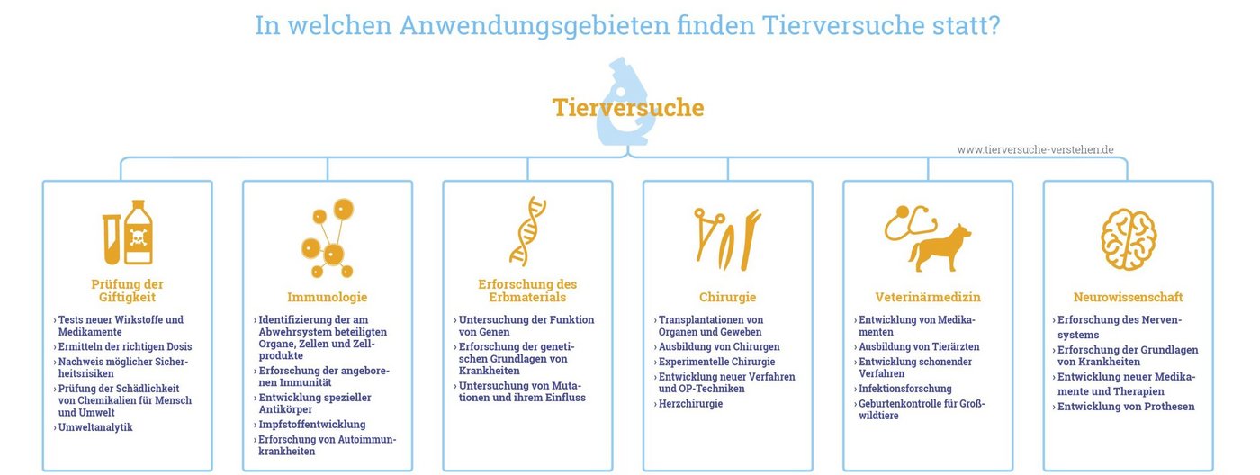 Anwendungsgebiete Tierversuche Grafik, die zeigt, in welchen Anwendungsgebieten Tierversuche stattfinden: Gifttigkeit, Immunologie, Forschung Erbmaterial, Chirurgie, Veterinärmedizin, Neurowissenschaft