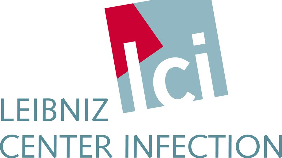 LCI Logo Das Logo zeigt den weißen Schriftzug "LCI" in einem schrägen hellblauen Quadrat, das eine rote Ecke enthält. Unten steht "Leibniz Center Infection" in hellblauer Schrift.
