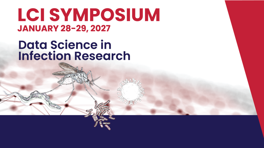 LCI Symposium 2027 The flyer shows the key visual of the LCI symposium 2027 showing at the bottom connected dots, on top of the dots sits a mosquito, a virus, mycobatria and a worm parasite.