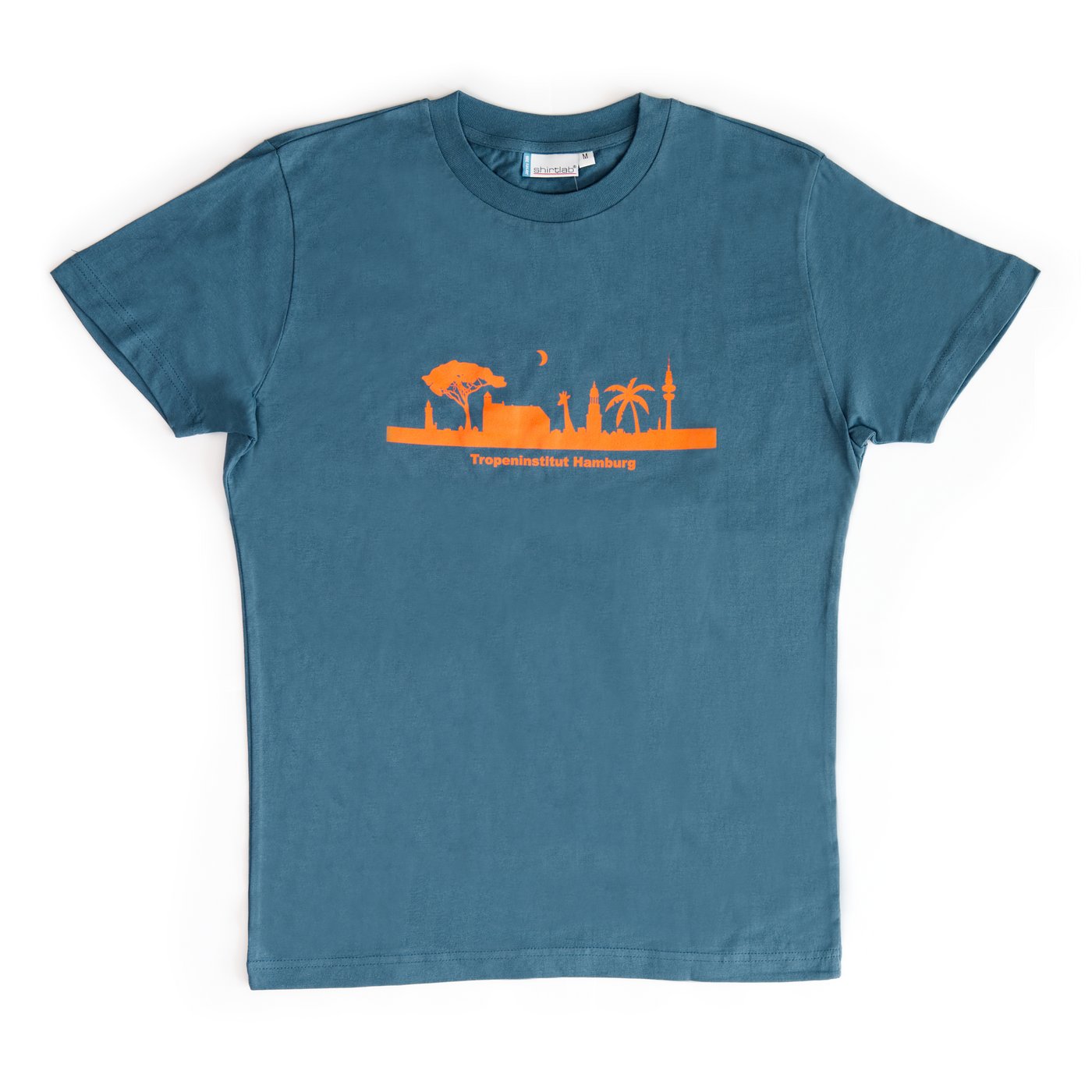 The image shows a cyan T-Shirt with a print.