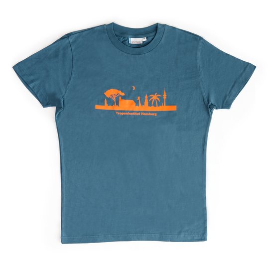 Print "Skyline Hamburg", colour: cyan - Design: Barbara Ferrando The image shows a cyan T-Shirt with a print.