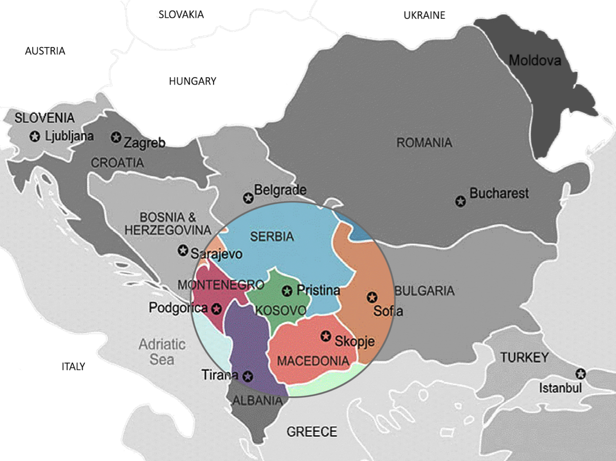 Karte mit Hervorhebung des Westbalkans. Eine Karte von Südeuropa, auf der farblich der Westbalkan hervorgehoben ist. Die anderen Länder sind in grau dargestellt.