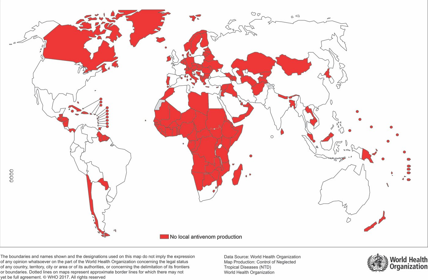 The image shows a white world map with country outlines. Some countries are coloured in red, these countries have no local antivenom production. Most of these countries are on the African continent, but also in Europe, Middle-East, Asia and North America (Canada).