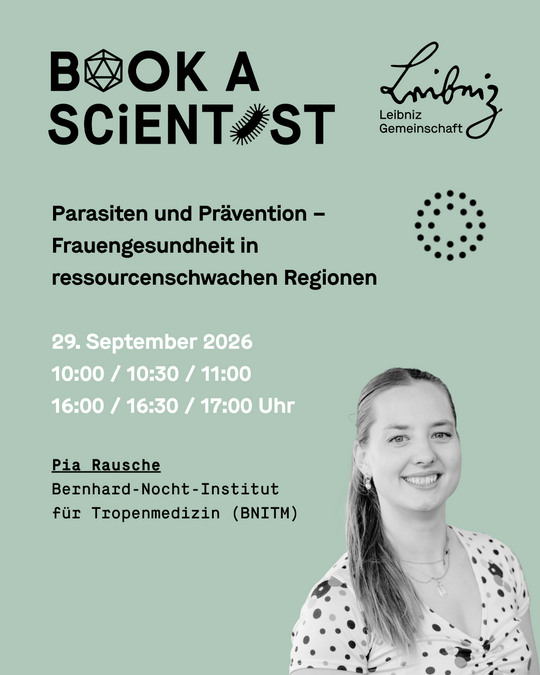 Dr. Pia Rausche Grünliches Sharepic mit allen Infos und einem Foto der Nachwuchsforscherin Pia Rausche (Pferdeschwanz, helles gepunktetes T-Shirt). Sie lächelt freundlich in die Kamera.
