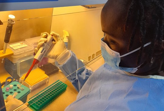 Laborschulung zur Diagnose von MPOX im Labor für hämorrhagisches Fieber in Conakry, Guinea Das Foto zeigt eine guineische Wissenschaftlerin mit Mundschutz an einer Laborbench beim Pipettieren.