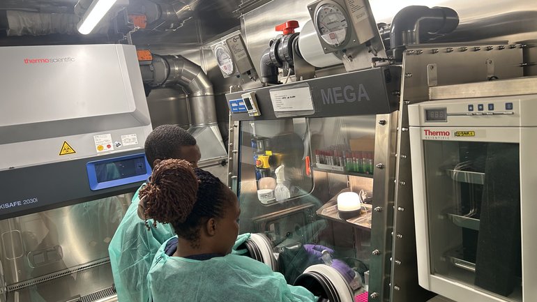 Zwei Personen arbeiten an Laborgeräten in mit einer Glovebox.