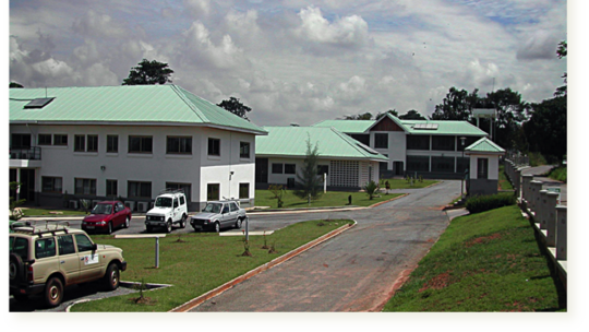 Kumasi Centre for Collaborative Research in Tropical Medicine Das Bild zeigt weiße Häuser mit hellgrünen Dächern.