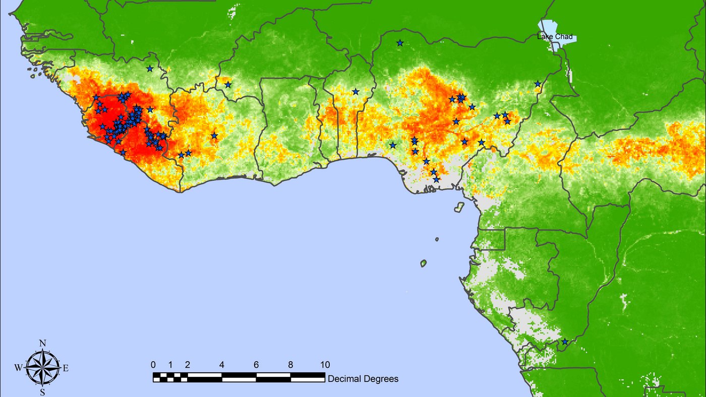 Map of West Central Africa showing with colorful points the risk areas