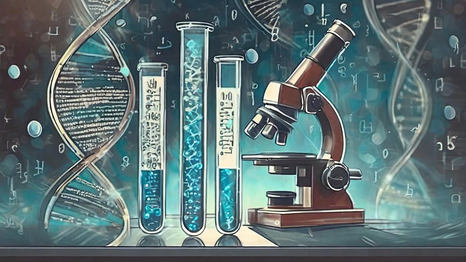 Greenish graphic that visualises the topic of "AI in biology and medicine". It shows a brown microscope on the right, three filled test tubes on the left and, on the very left and in the background, DNA strands and binary codes with ones and zeros.