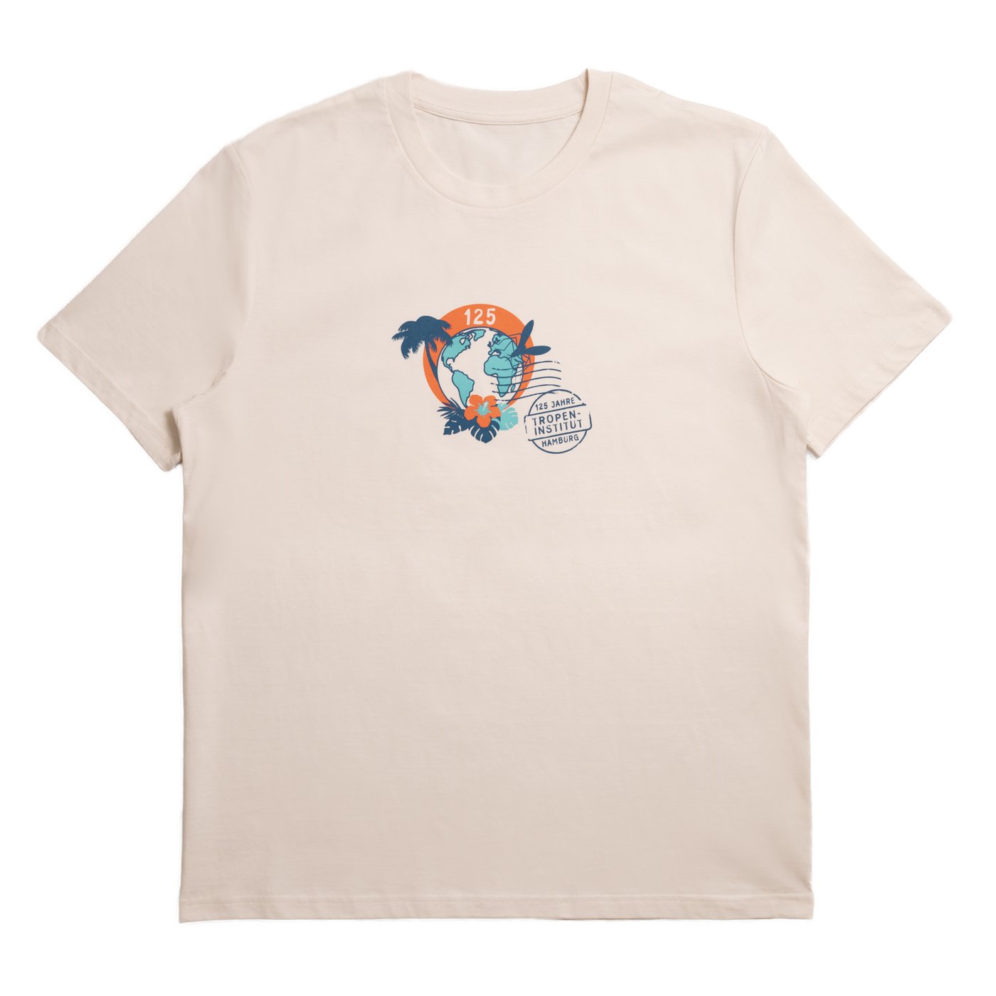 T-Shirt Cream T-shirt featuring a stylized globe with blue continents, palm trees, orange circle, and "125 Jahre Tropen Institut Hamburg" text. Tropical, celebratory design.