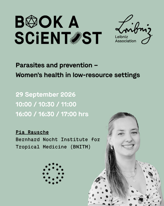 Dr. Pia Rausche Greenish shareable image containing all the details and a photo of young researcher Pia Rausche (ponytail, light-colored polka-dot T-shirt). She is smiling warmly at the camera.