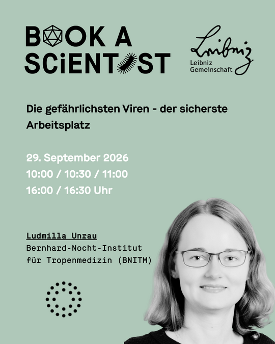 Dr. Ludmilla Unrau Grünliches Sharepic mit allen infos und einem Foto der Nachwuchsforscherin Ludmilla Unrau. Sie lächelt freundlich in die Kamera.