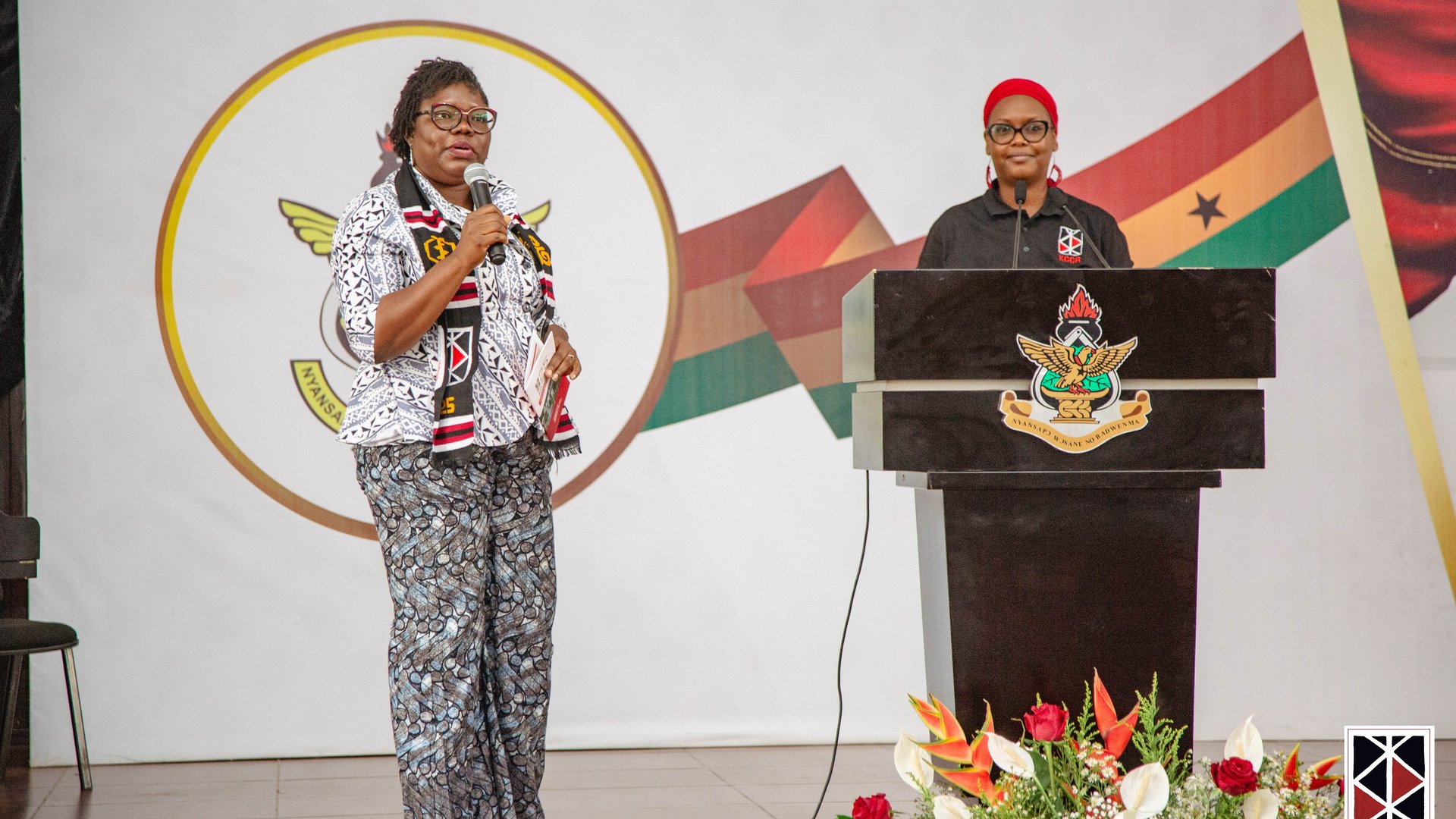 The photo shows Dr Lydia Mosi, University of Ghana, and Dr Oumou Maiga-Ascofare, KCCR, on stage next to and behind the lectern respectively.