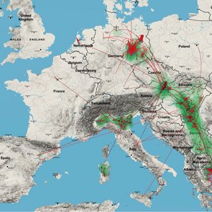 [Translate to English:] Die Grafik zeigt eine Europakarte, auf der in roten Linien die Verbreitungswege des West Nil-Virus eingezeichnet sind. Grün markierte Bereiche zeigen Regionen, in denen das Virus besonders aktiv war.