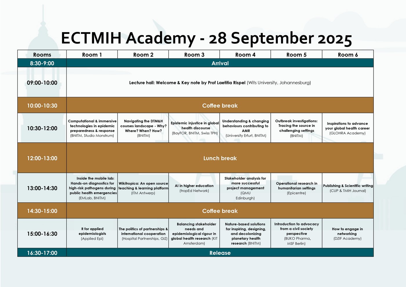 ECTMIH Academy Agenda Schedule for the ECTMIH Academy on September 28, 2025, featuring sessions on global health topics in various rooms.
