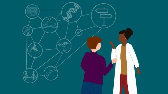 Zwei gezeichnete Wissenschaftler neben einer Tafel mit Gleichungen