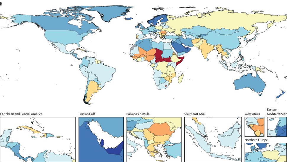Die bunte Weltkarte zeigt die auf AMR zurückzuführenden Todesraten pro 100.000, alle Altersgruppen, im Jahr 2021.