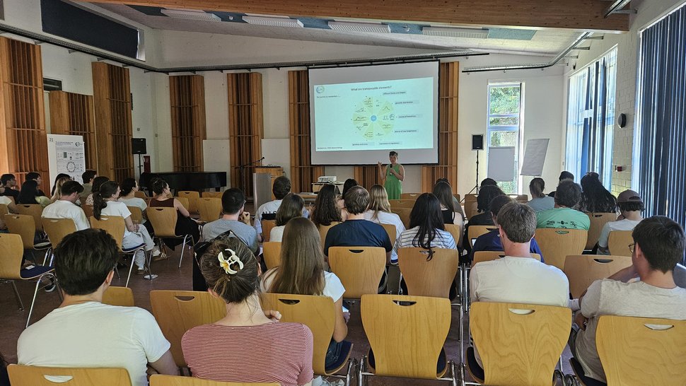 LCI Summer School 2026 Das Foto zeigt einen Raum, in dem die Studierenden auf Holzstühlen sitzen. Das Foto ist von hinten im Raum aufgenommen - die Personen sind mit dem Rücken zu sehen. Vorne ist eine Leinwand.