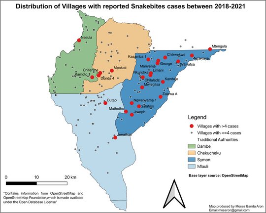 Verteilung der Dörfer mit gemeldeten Schlangenbissfällen Die Karte von Malawi zeigt die Verteilung der Dörfer mit gemeldeten Schlangenbissfällen zwischen 2018 und 2021.