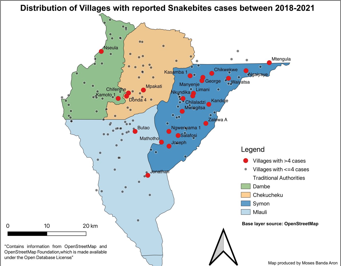 Die Karte von Malawi zeigt die Verteilung der Dörfer mit gemeldeten Schlangenbissfällen zwischen 2018 und 2021.