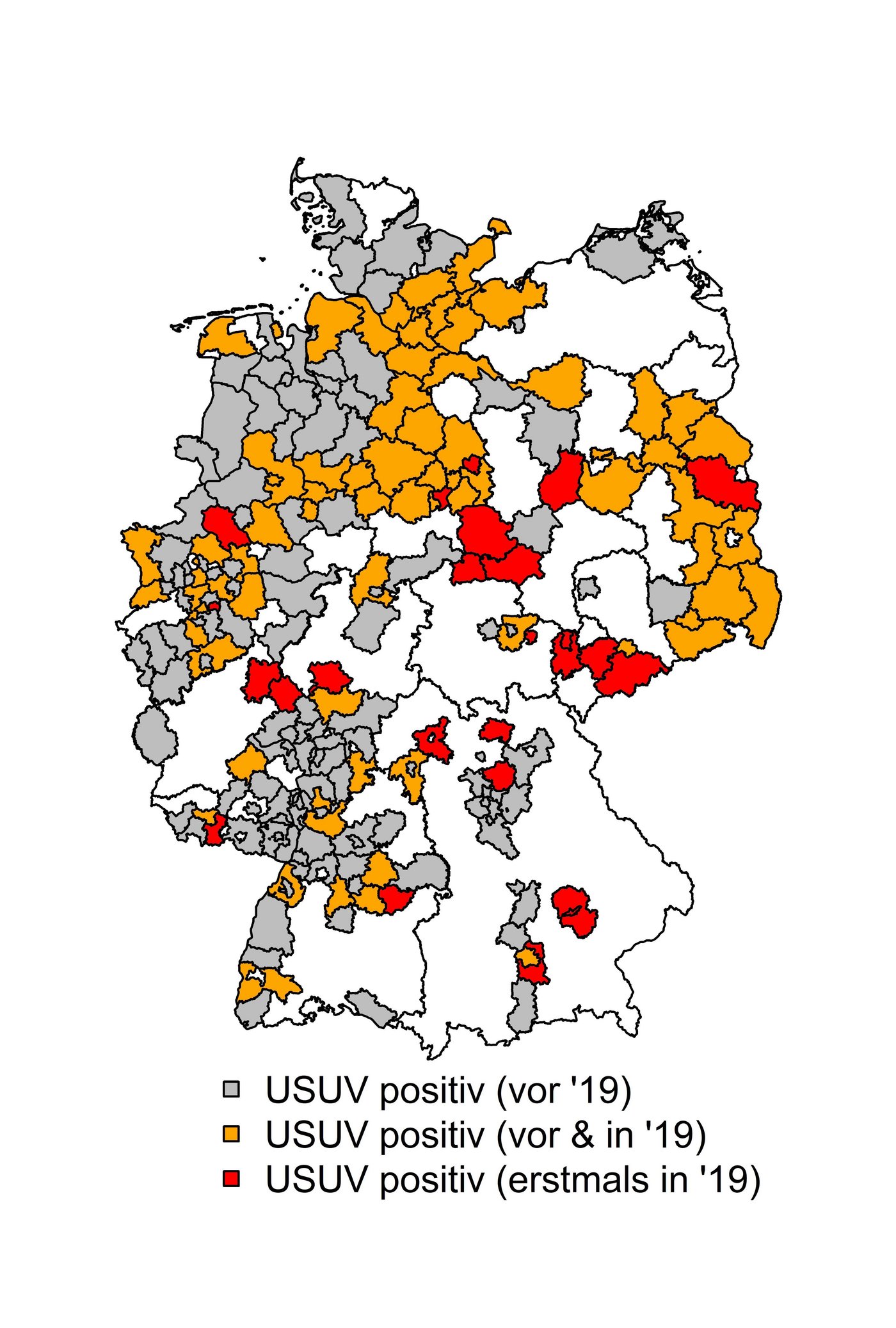 Farblich codierte Kartendarstellung der Verteilung des Usutu-Virus in Deutschland