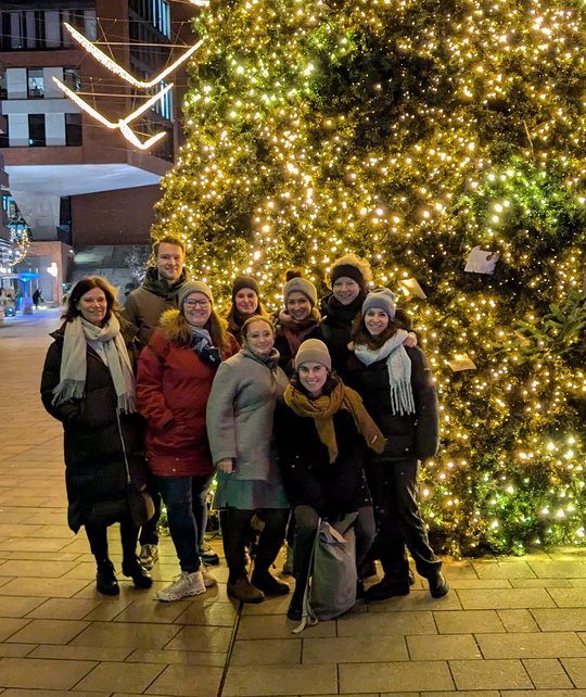 Colleagues from the Lotter research group stand in front of a large Christmas tree with lots of lights in the pedestrian zone of Hamburg's Hafencity